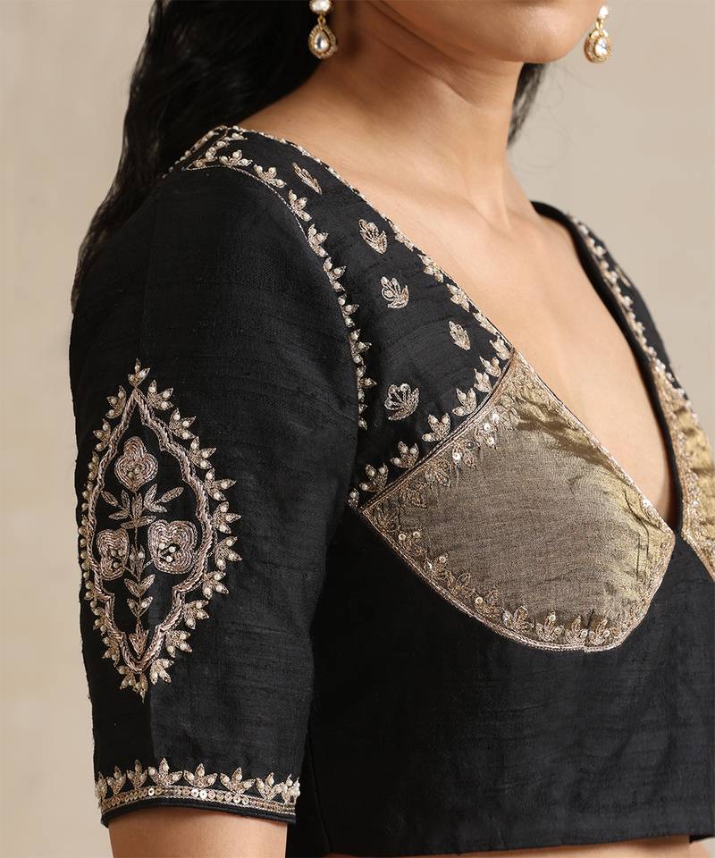 Black embroidered silk and tissue blouse