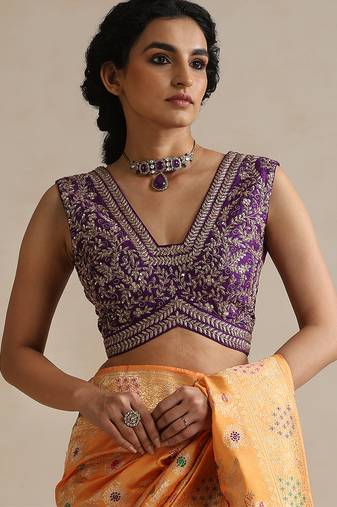 Purple embroidered raw silk blouse