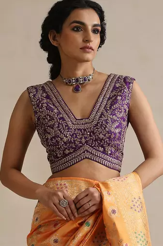 Purple embroidered raw silk blouse