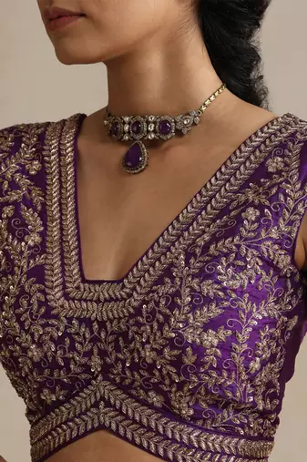 Purple embroidered raw silk blouse