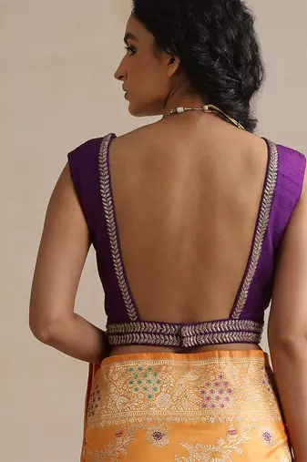 Purple embroidered raw silk blouse