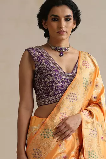 Purple embroidered raw silk blouse