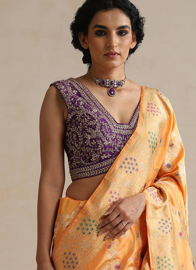 Purple embroidered raw silk blouse