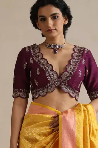 Purple embroidered raw silk blouse
