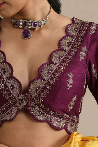 Purple embroidered raw silk blouse