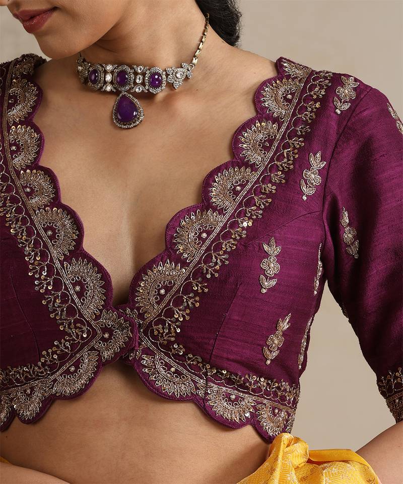 Purple embroidered raw silk blouse