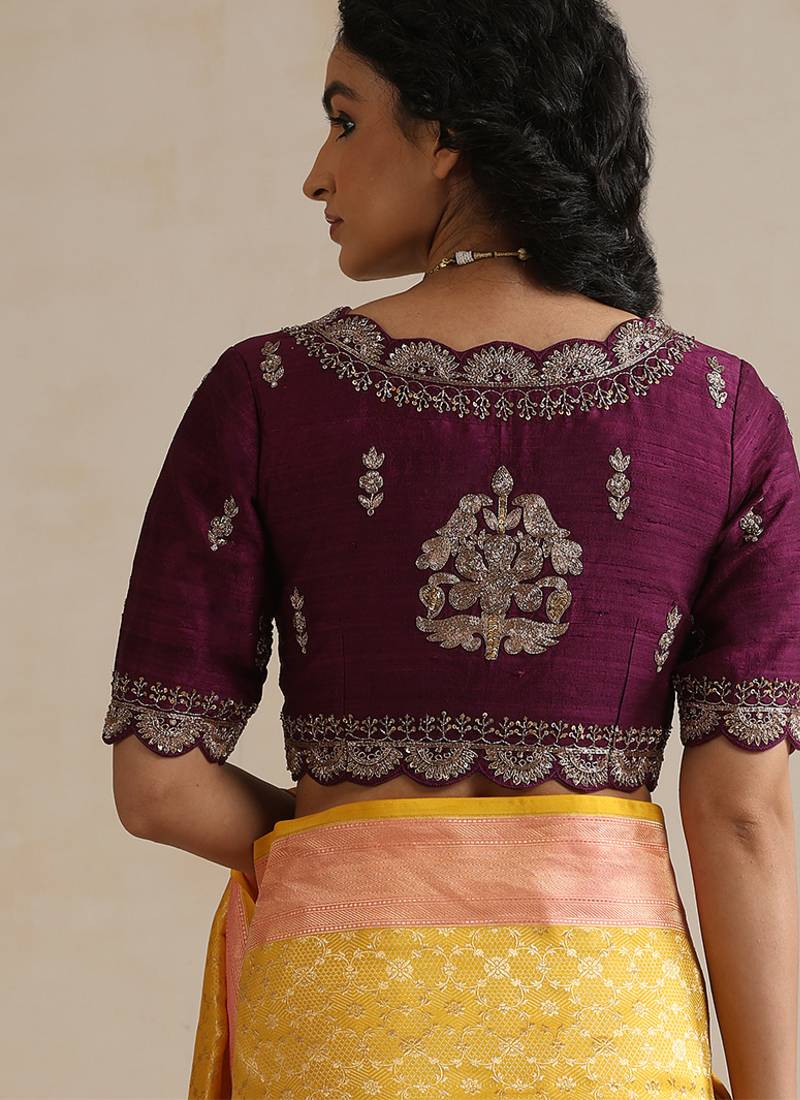 Purple embroidered raw silk blouse