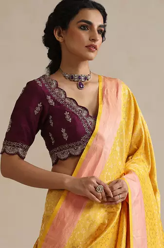 Purple embroidered raw silk blouse