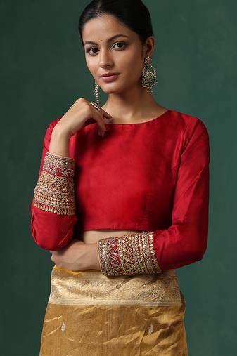 Red embroidered pure silk blouse