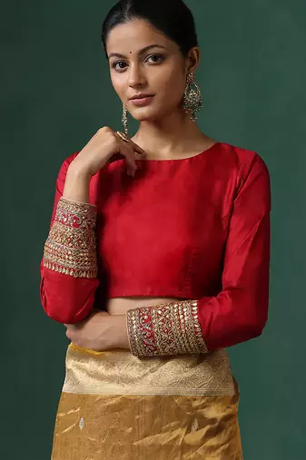 Red embroidered pure silk blouse