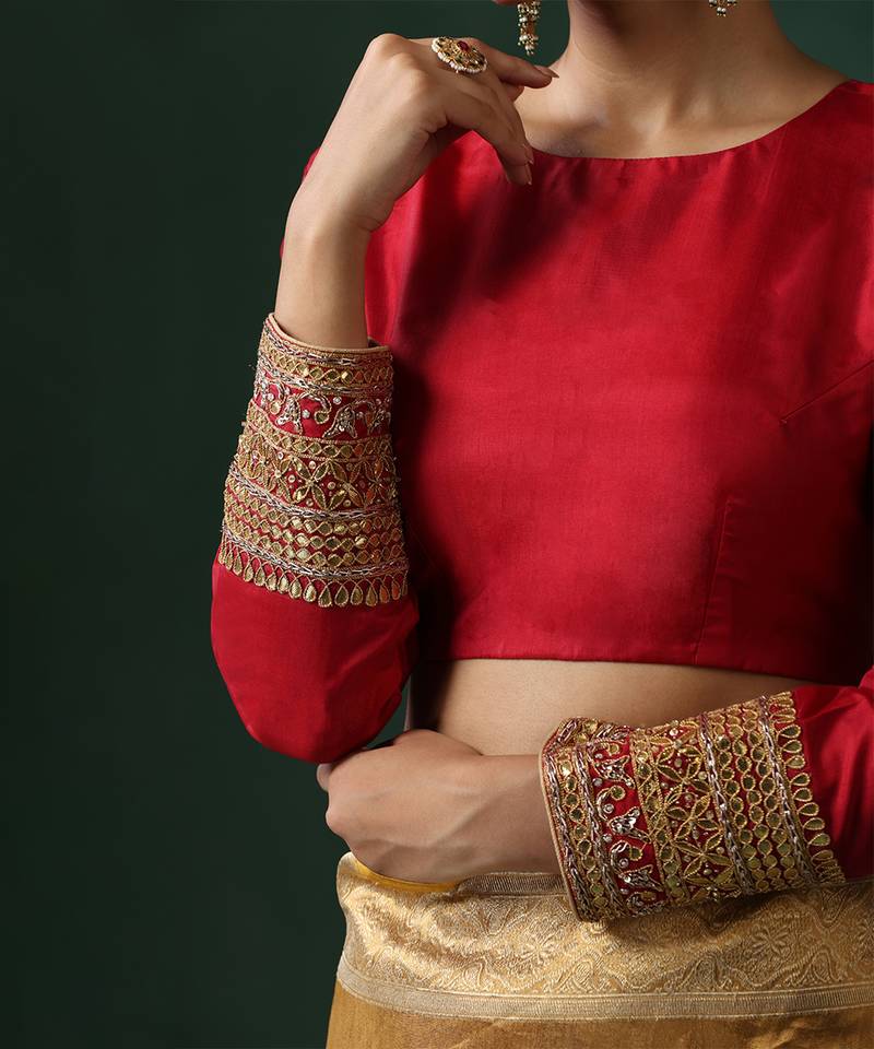 Red embroidered pure silk blouse