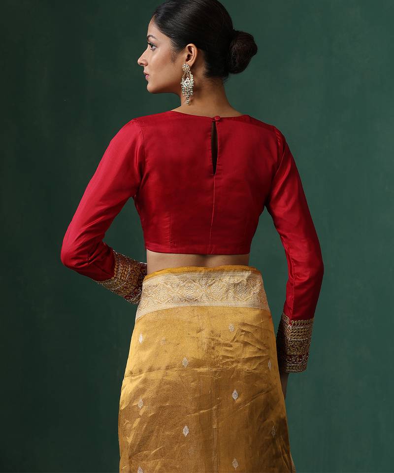 Red embroidered pure silk blouse