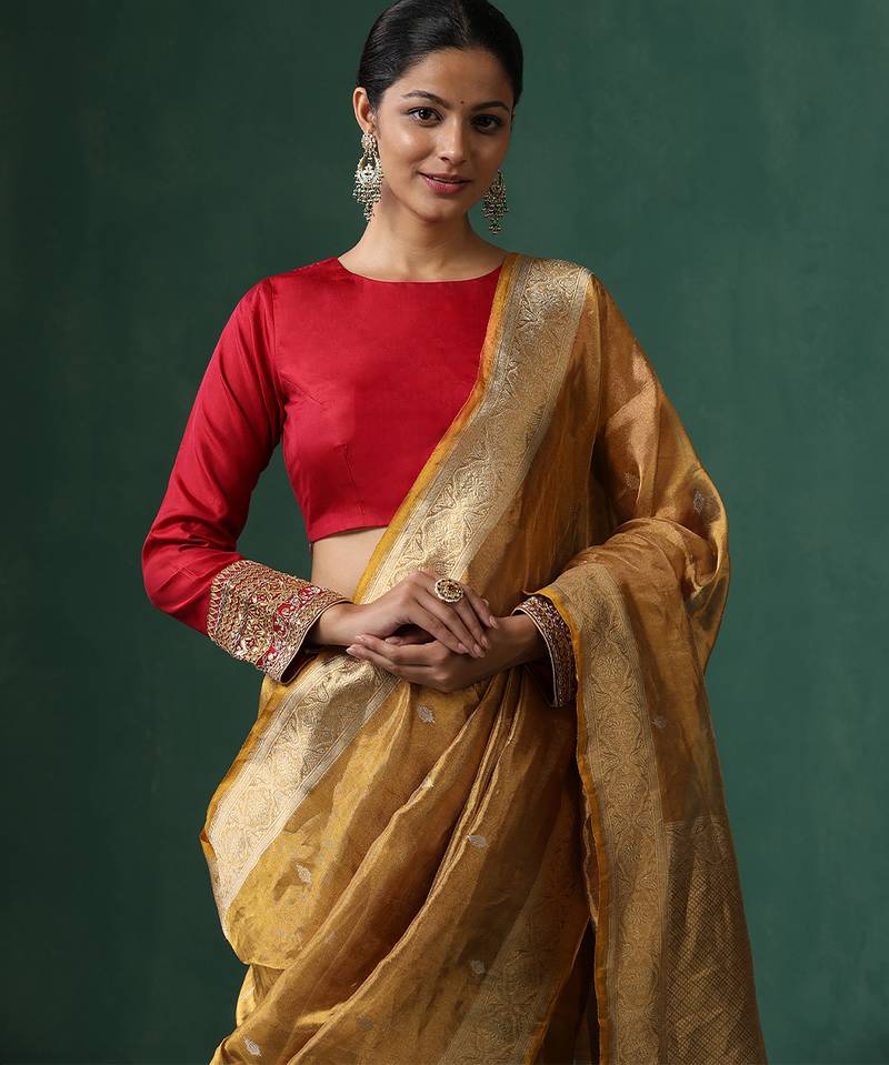 Red embroidered pure silk blouse