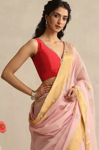 Pink embroidered pure chanderi silk blouse