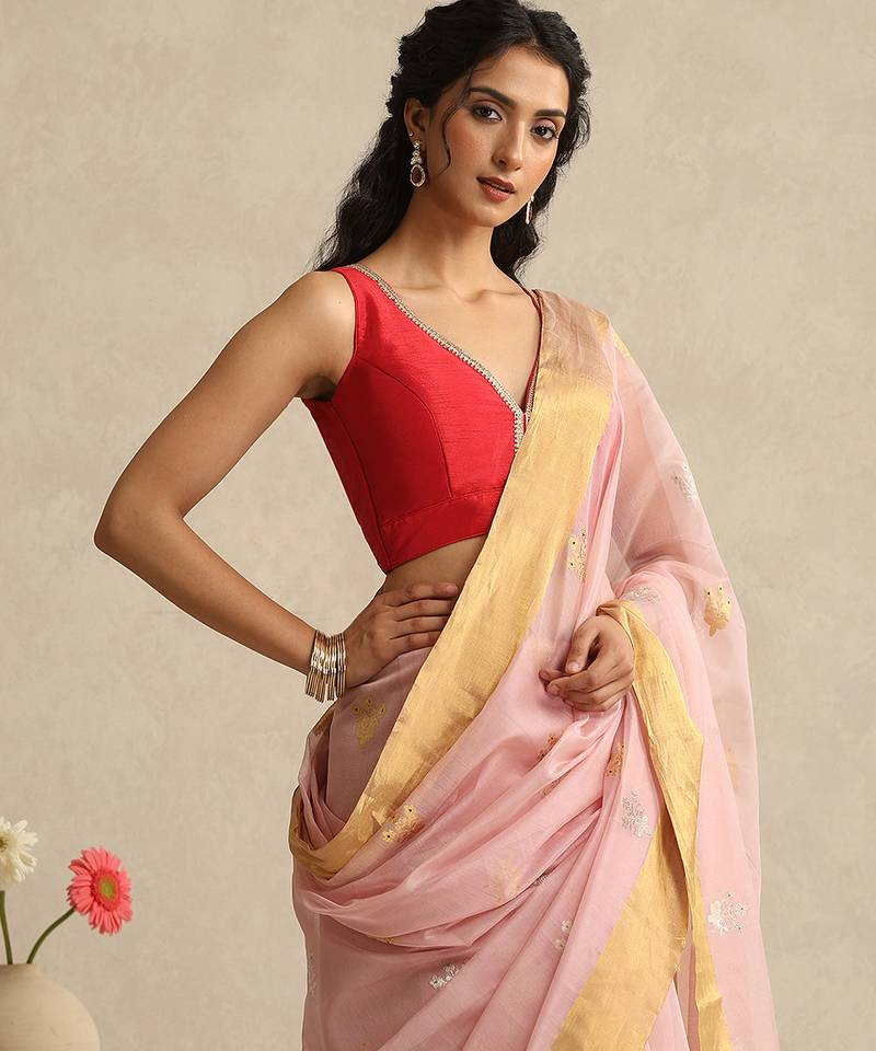 Pink embroidered pure chanderi silk blouse