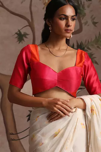 Orange and rani pink pure chanderi silk blouse