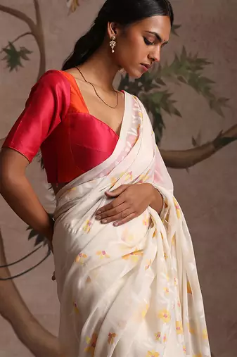 Orange and rani pink pure chanderi silk blouse