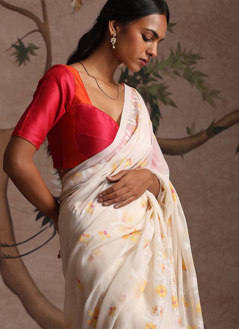 Orange and rani pink pure chanderi silk blouse