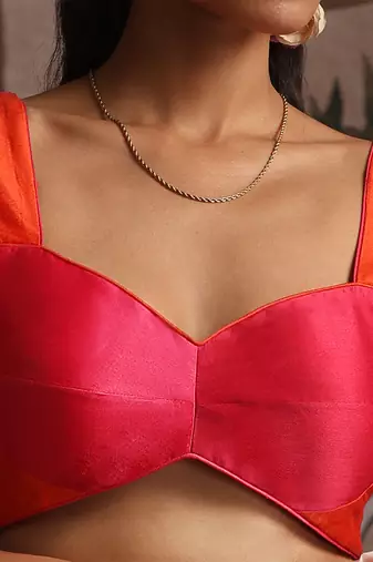 Orange and rani pink pure chanderi silk blouse