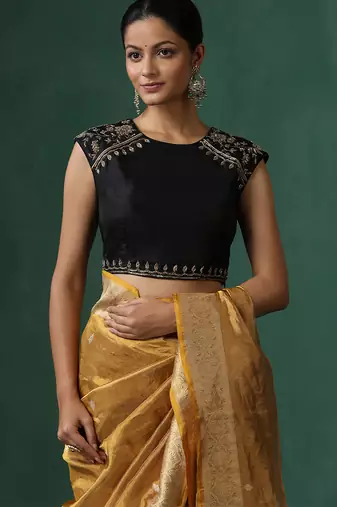 Black embroidered pure silk blouse