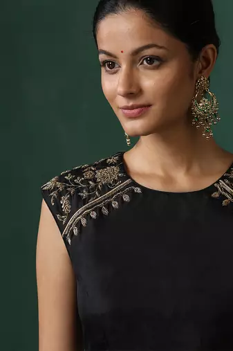 Black embroidered pure silk blouse
