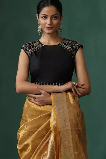Black embroidered pure silk blouse