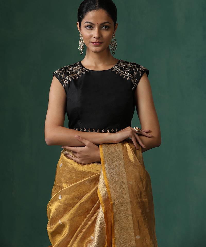 Black embroidered pure silk blouse