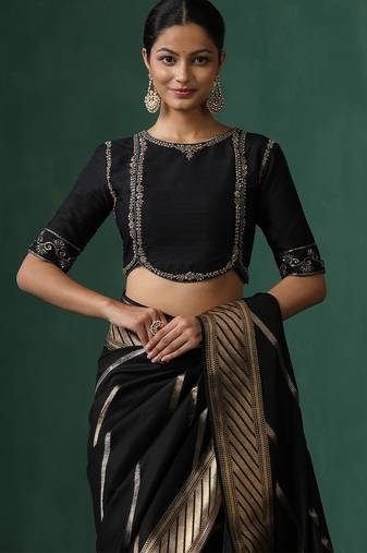 Black embroidered pure silk blouse