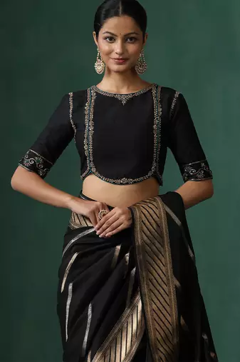 Black embroidered pure silk blouse