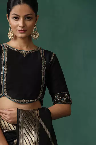 Black embroidered pure silk blouse