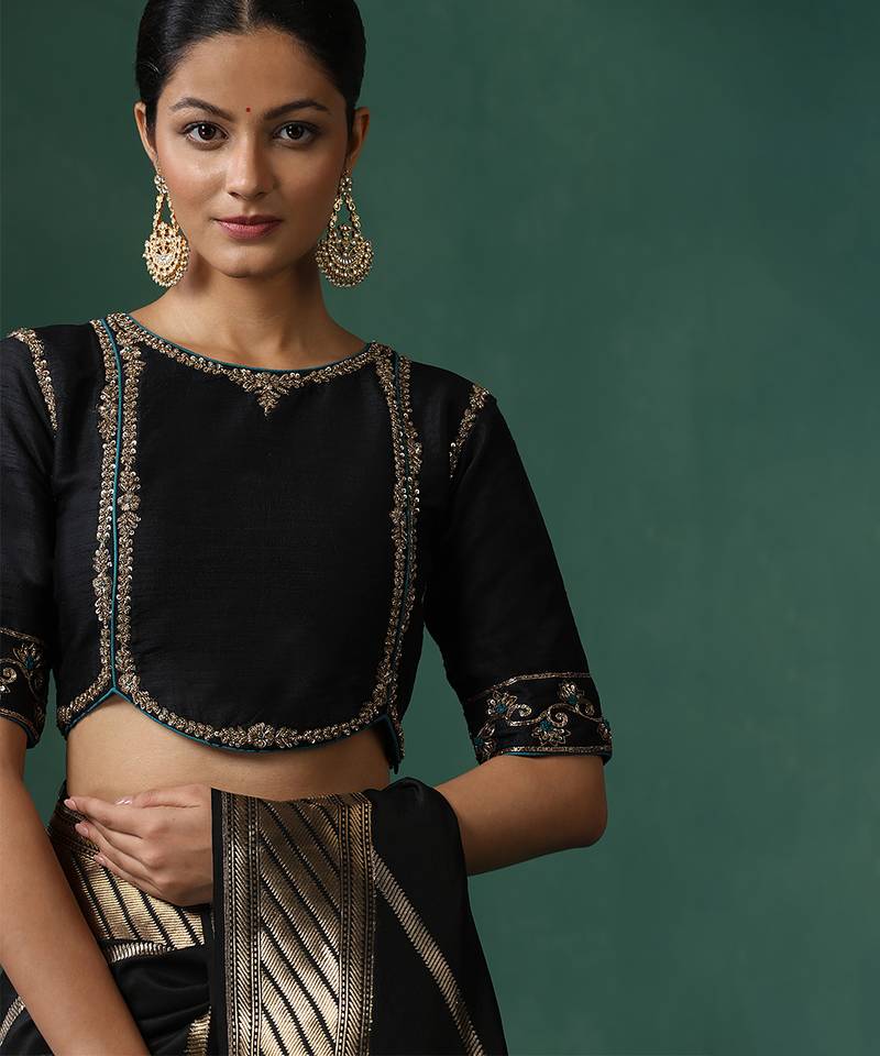 Black embroidered pure silk blouse