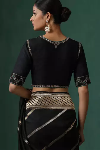 Black embroidered pure silk blouse