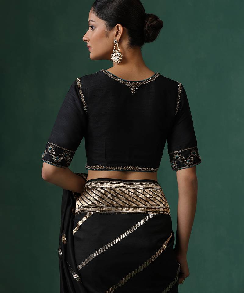 Black embroidered pure silk blouse