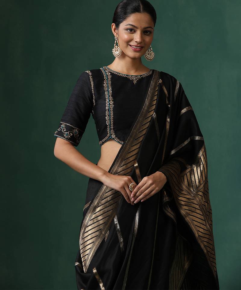 Black embroidered pure silk blouse