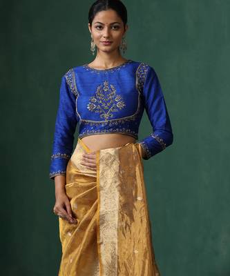 Blue embroidered raw silk blouse 1