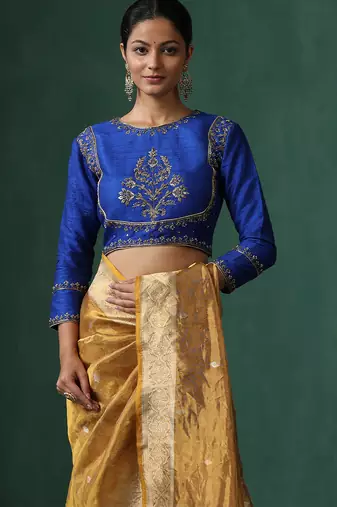 Blue embroidered raw silk blouse
