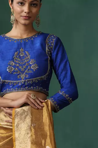 Blue embroidered raw silk blouse