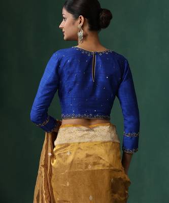 Blue embroidered raw silk blouse 3