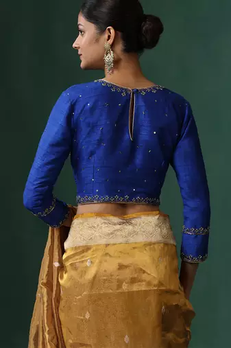 Blue embroidered raw silk blouse