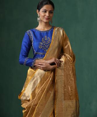 Blue embroidered raw silk blouse 4