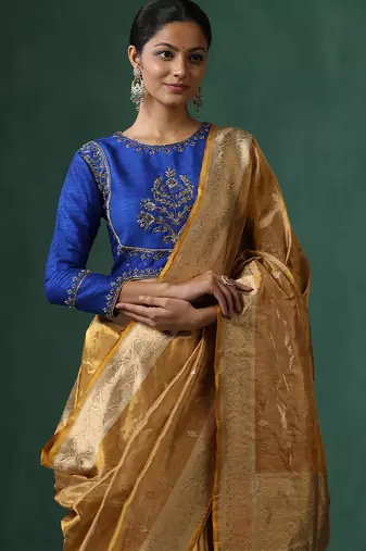 Blue embroidered raw silk blouse