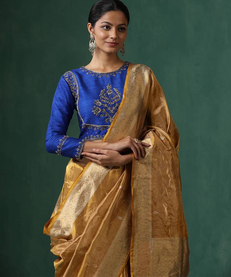 Blue embroidered raw silk blouse