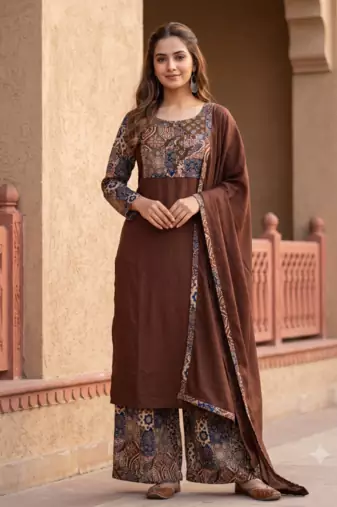 Roasted Coffee Brown Cotton Kurta Set  Patchwork Panel, Palazzo & Dupatta