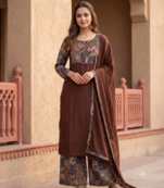 Roasted Coffee Brown Cotton Kurta Set  Patchwork Panel, Palazzo & Dupatta