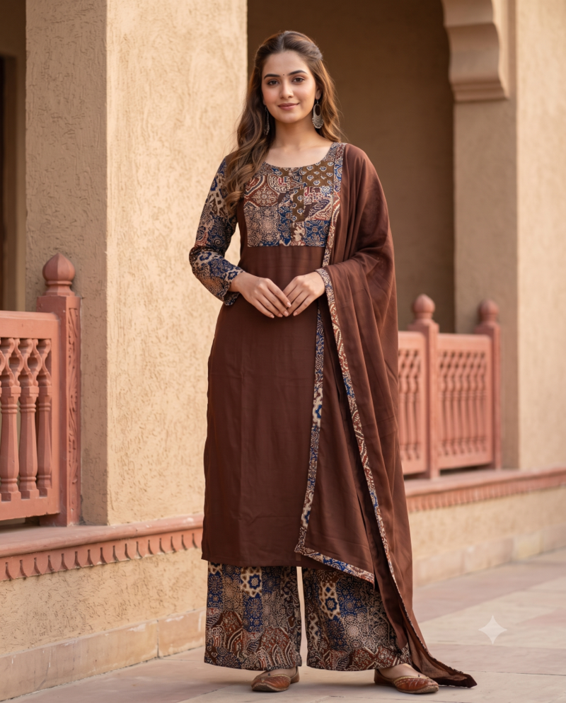 Roasted Coffee Brown Cotton Kurta Set  Patchwork Panel, Palazzo & Dupatta