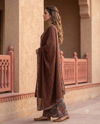 Roasted Coffee Brown Cotton Kurta Set  Patchwork Panel, Palazzo & Dupatta 2