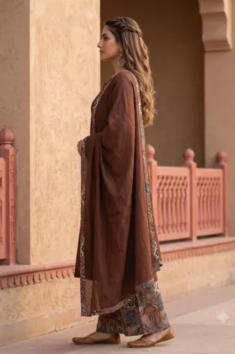 Roasted Coffee Brown Cotton Kurta Set  Patchwork Panel, Palazzo & Dupatta