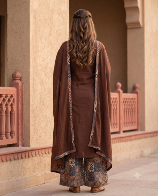 Roasted Coffee Brown Cotton Kurta Set  Patchwork Panel, Palazzo & Dupatta 3