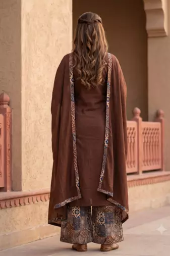 Roasted Coffee Brown Cotton Kurta Set  Patchwork Panel, Palazzo & Dupatta