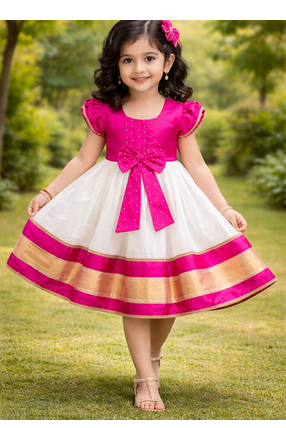 pink white gold zari border cotton silk kids frock 3